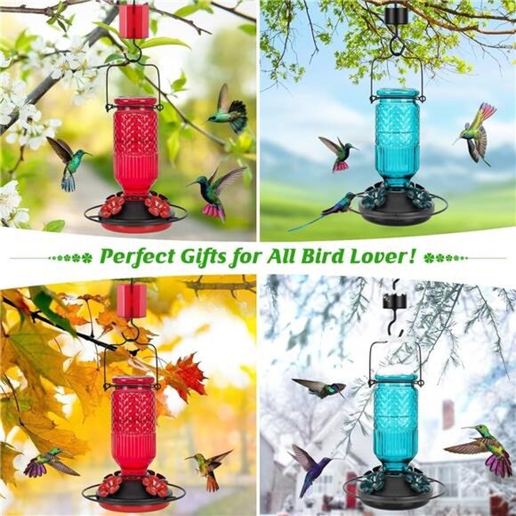 Glass Hummingbird Feeder for Outdoors Hanging, 16 OZ Humming Birds Feeders - Picture 6 of 7